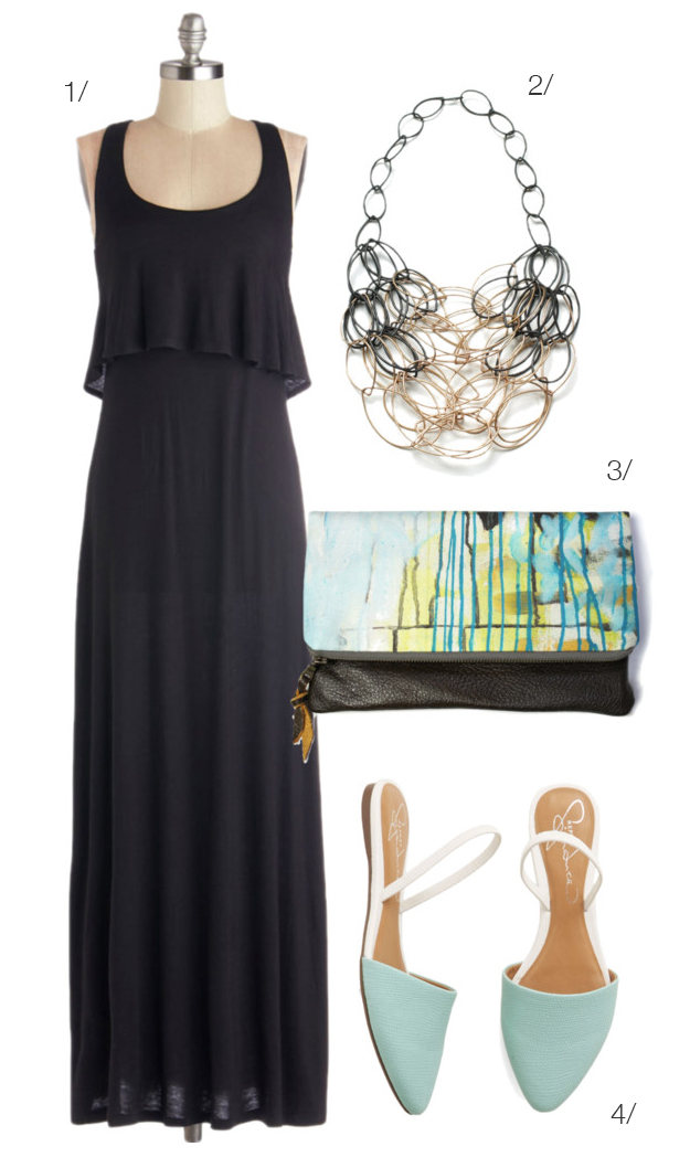 one necklace, two ways: statement necklace and black maxi dress via megan auman