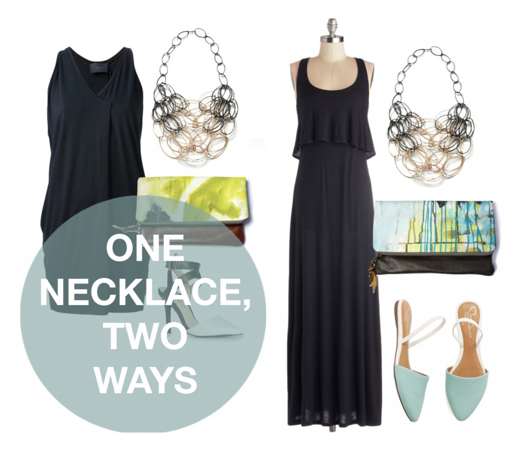 one statement necklace, two ways: little black dress and maxi dress via megan auman