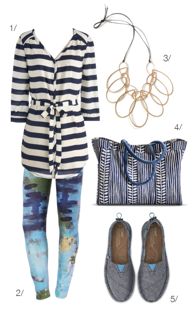 real world outfit: artsy meets preppy // featuring striped top and printed leggings // via megan auman