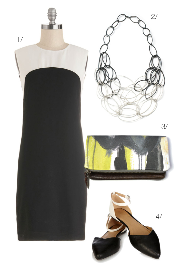 black and white color blocking: black and white shift dress, point toe flats, and black and silver ombre necklace // via megan auman