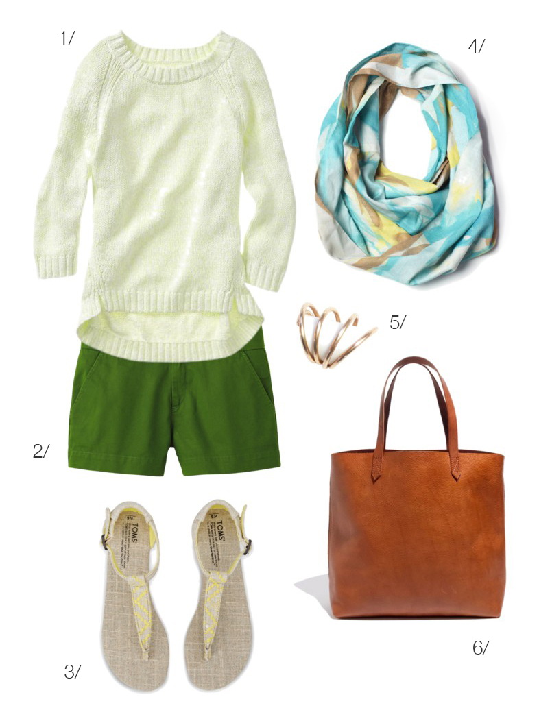 easing into summer: shorts, a sweater, and a lightweight scarf - via megan auman