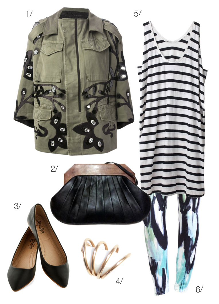 pattern mixing: embellished military jacket and printed leggings via megan auman