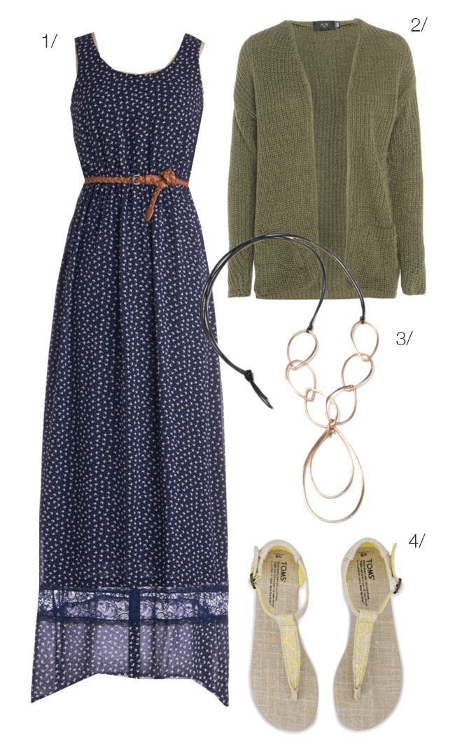easy boho style: maxi dress and cardigan featuring the georgia necklace by megan auman