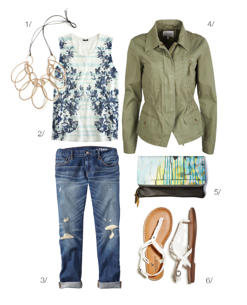 how to wear a military jacket with boyfriend jeans - featuring a megan auman statement necklace