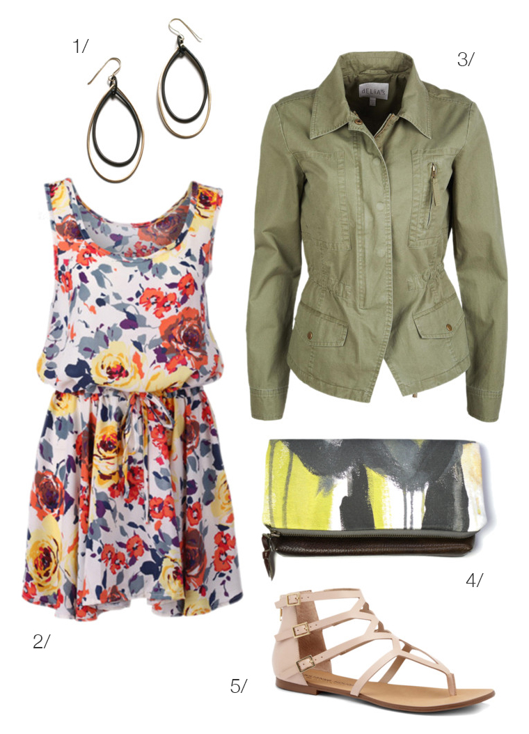 what to wear to an outdoor craft show: floral print dress and military jacket via megan auman