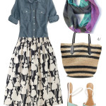 patterned skirt and chambray shirt