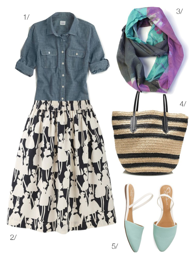 patterned skirt and chambray shirt with colorful lightweight scarf by megan auman