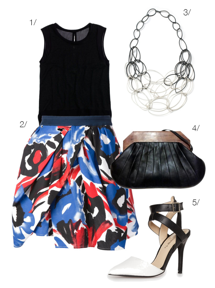 painterly red, white, and blue skirt plus black accessories and a statement necklace // via megan auman