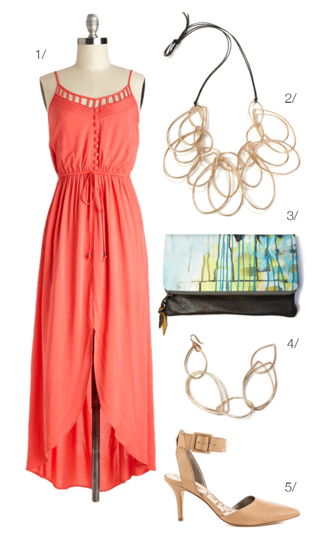 what to wear to a summer country club wedding: high-low maxi dress and statement necklace via megan auman