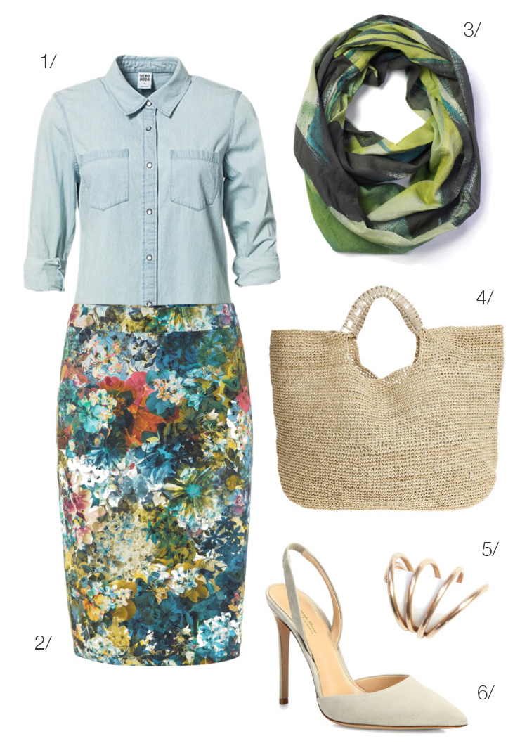 what to wear to Sunday brunch: pencil skirt and lightweight scarf via megan auman