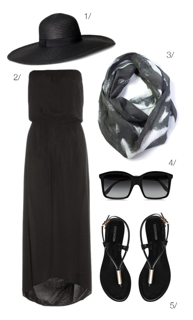 how to wear black in summer: maxi dress, straw hat, lightweight scarf // click for outfit details 