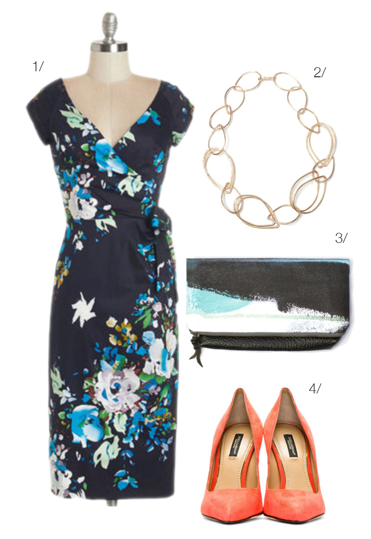 what to wear to brunch: retro floral wrap dress, chain link necklace, clutch // click for outfit details