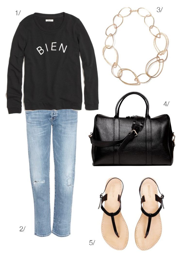 casual travel style // jeans, sweatshirt, sandals, and chunky necklace // click for outfit details