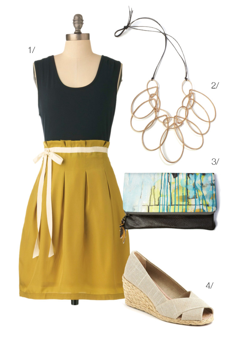 colorblock dress, statement necklace, clutch, wedges // click for outfit details