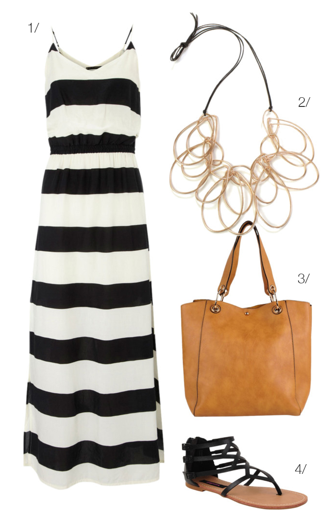 black and white maxi skirt, statement necklace, gladiator sandals // click for outfit details