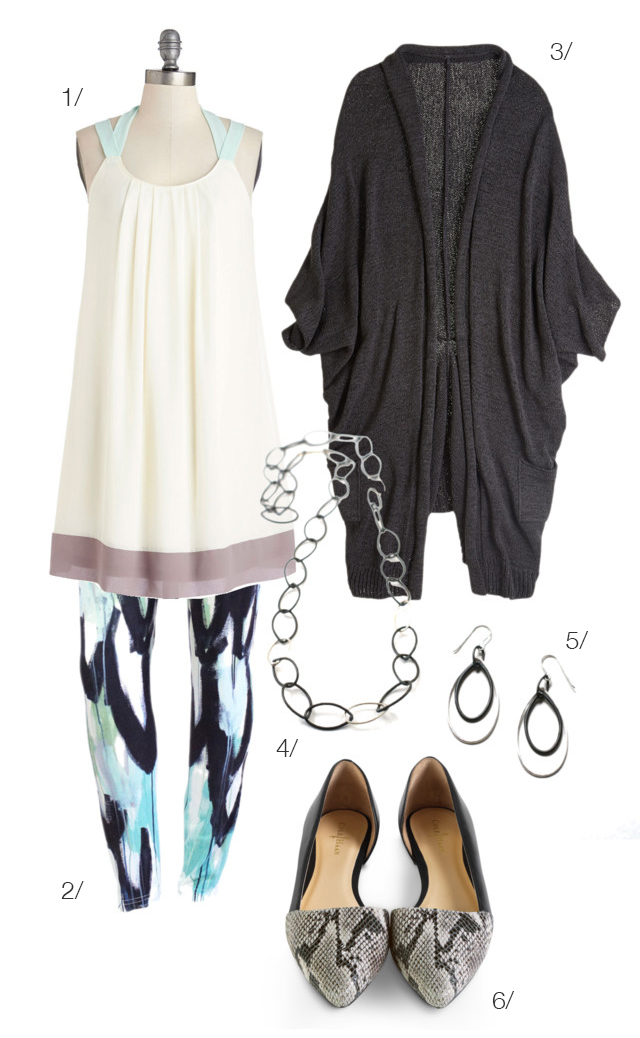 dress, printed leggings, cardigan, d'orsay flats // click for outfit details