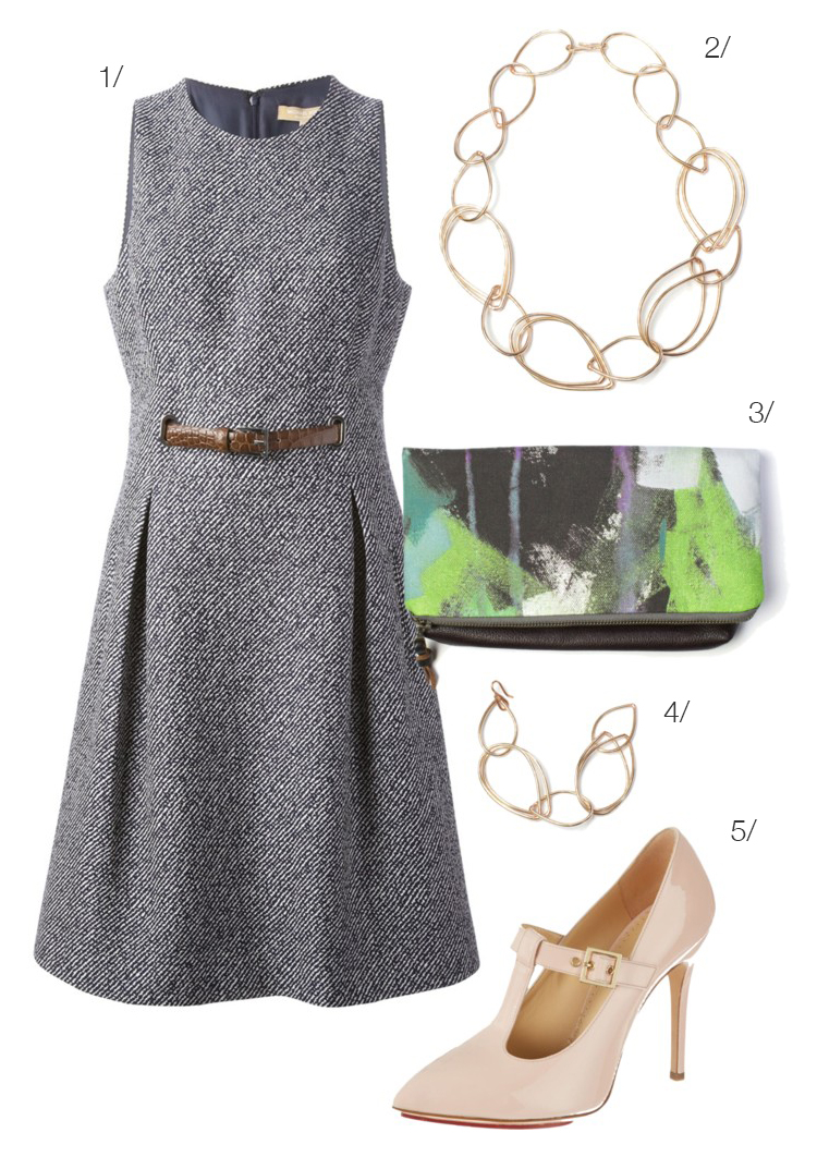 meeting style // belted dress, chain link necklace, buckle heels // #workwear
