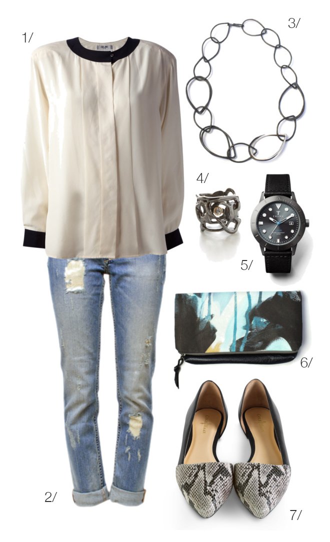 how to dress up distressed denim // black and white top, d'orsay flats, foldover clutch, chain link necklace