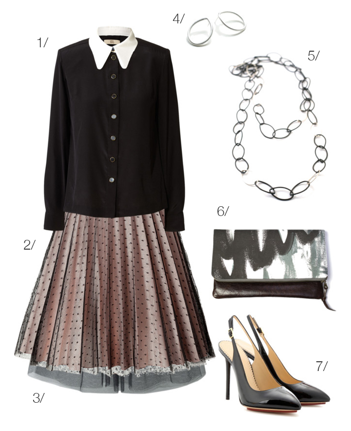 tulle skirt, collared top, long necklace // click for outfit details