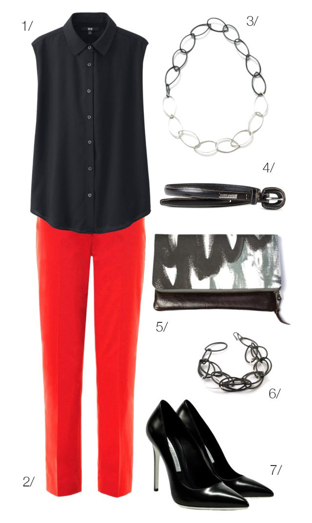 red pants and black accessories // click for outfit details