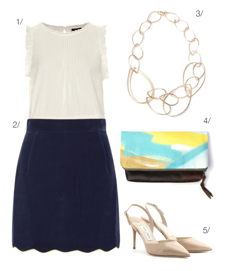 the perfect outfit for brunch, meeting the parents, or your cousin's wedding // navy scalloped skirt, clutch, chain link necklace // click for outfit details