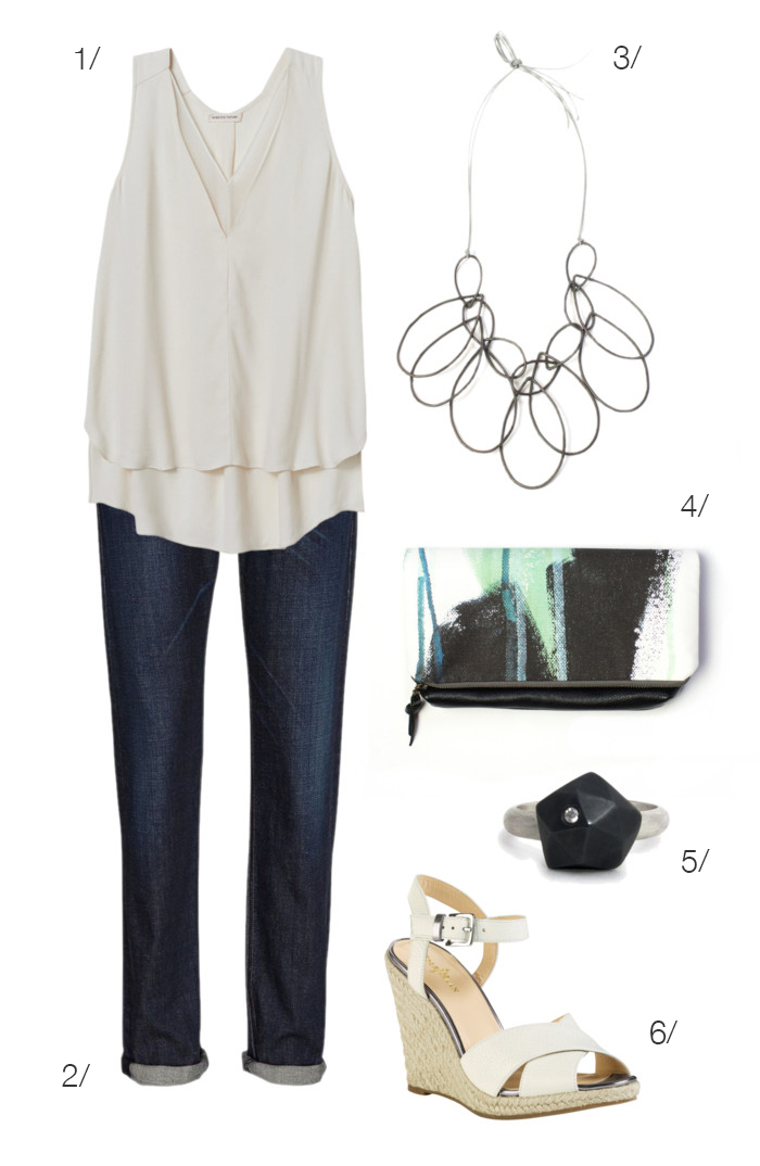 casual night out outfit // dark denim, wedges, statement necklace // click for outfit details