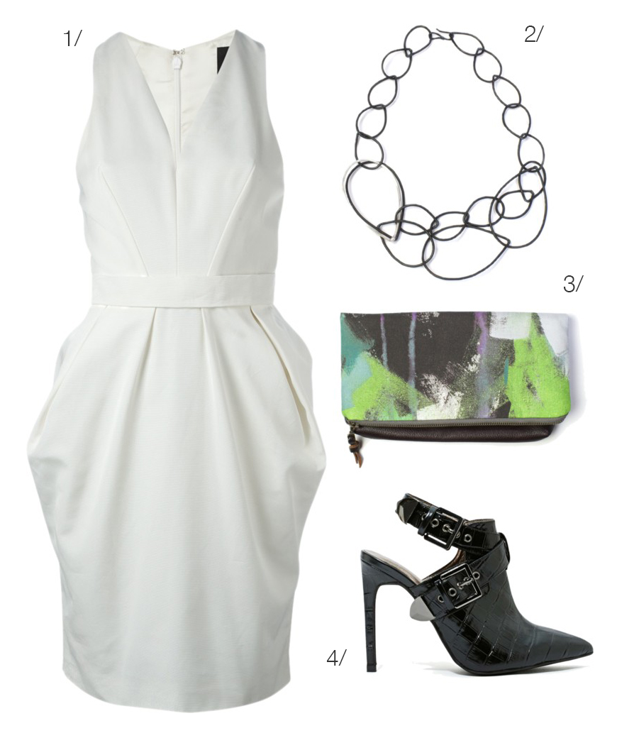 little white dress, black chain link necklace, black point toe heels // click for outfit details