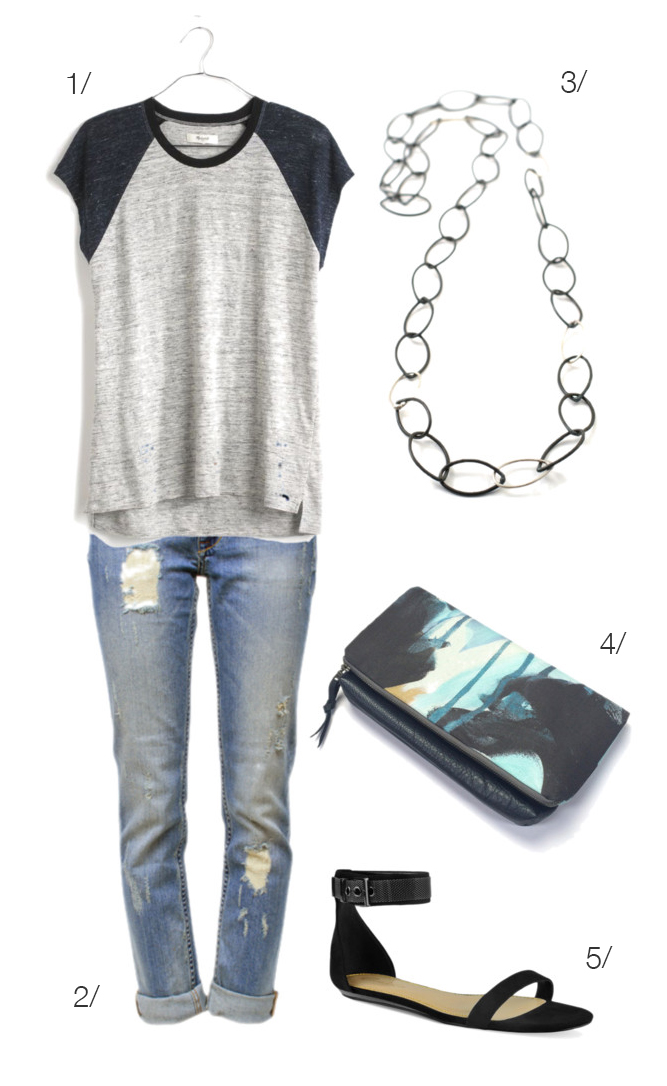 jeans and a t-shirt paired with a long necklace and great clutch // click for outfit details