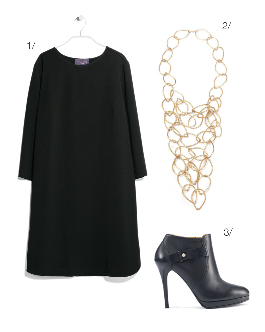 little black shift dress, statement necklace, booties // click for outfit details