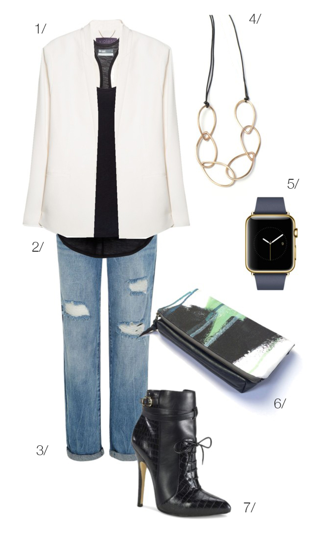 street style inspired: white blazer, high heeled ankle boots, apple watch, clutch // click for outfit details 