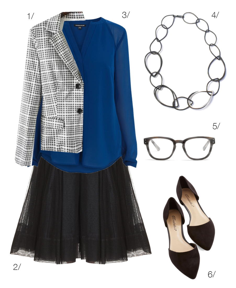 tulle skirt, plaid blazer for work // click for outfit details