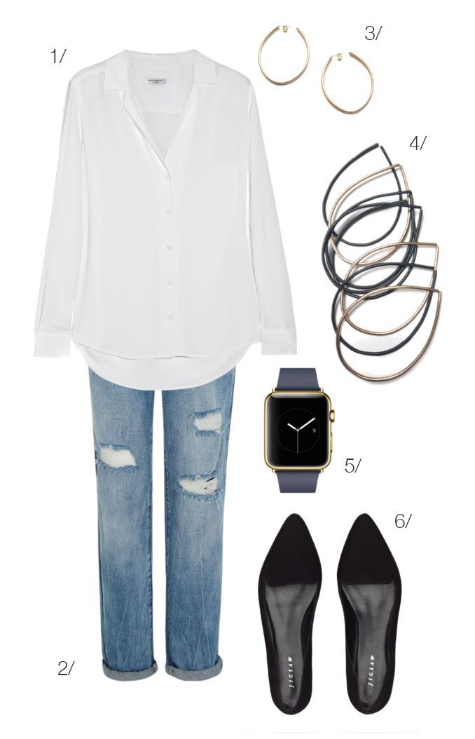 casual classic weekend style: white shirt, distressed jeans, stacking bracelets, and the apple watch // click for outfit details