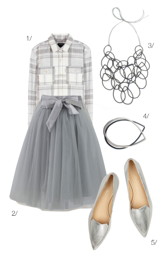 mix a plaid flannel shirt with a floaty tulle skirt in a monochromatic color palette // click for outfit details