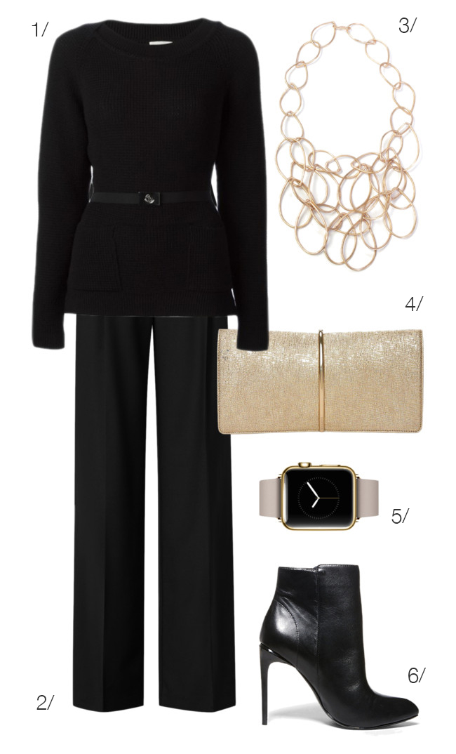 sleek and sophisticated holiday style in black and gold // click for outfit details