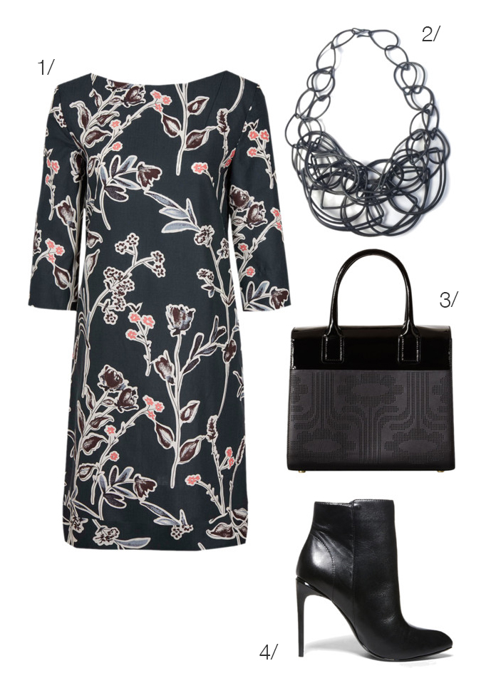 how to wear a floral pattern dress with a statement necklace // click for outfit details