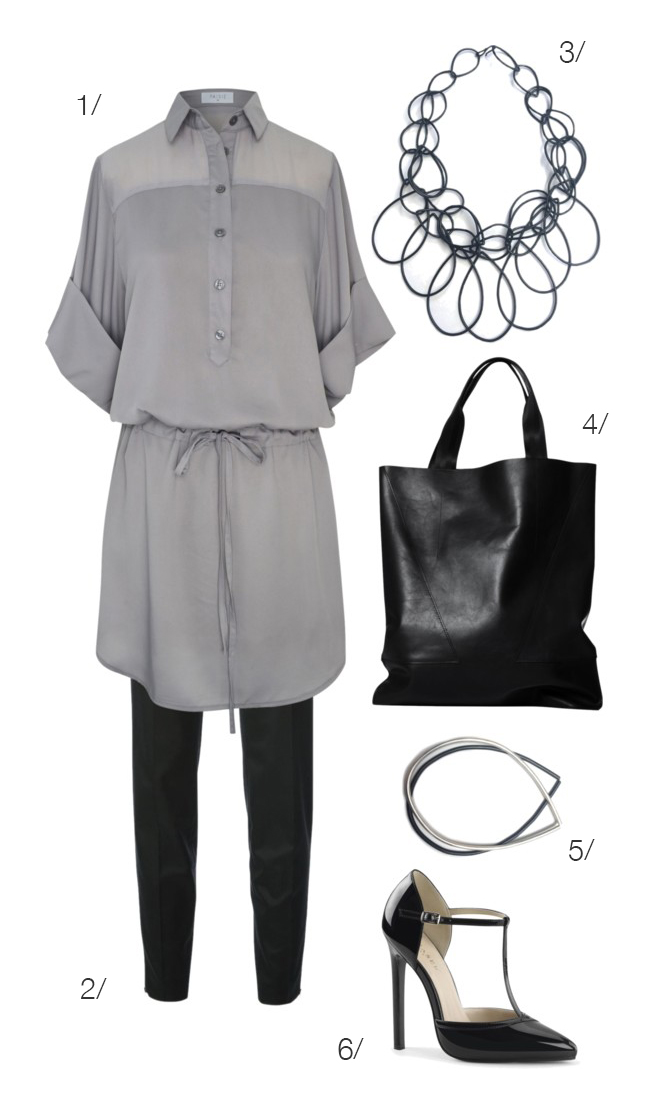 shirt dress, skinny trousers, statement necklace, heels // click for outfit details