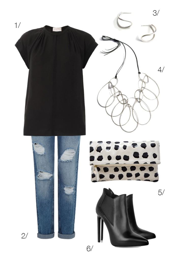 dress up a basic black top and distressed denim with heeled ankle boots and bold silver jewelry // click for outfit details