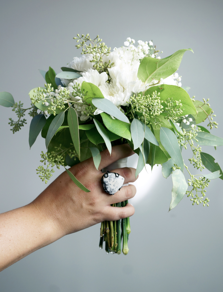 bridesmaid bouquet and dendritic agate ring via megan auman