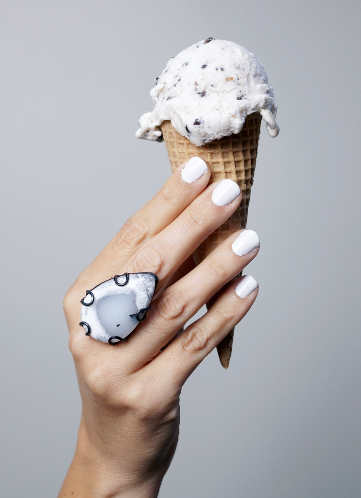 statement ring, white nail polish, ice cream