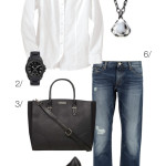 classic and chic style: jeans, a white button down shirt, and heels