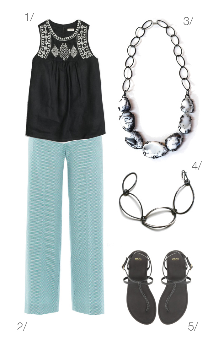 simple and chic summer outfit: black and white embroidered top and aqua pants // click through for details