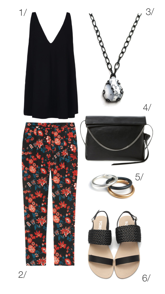 casual and chic summer style: floral print pants, black tank, and sandals // click through for outfit details