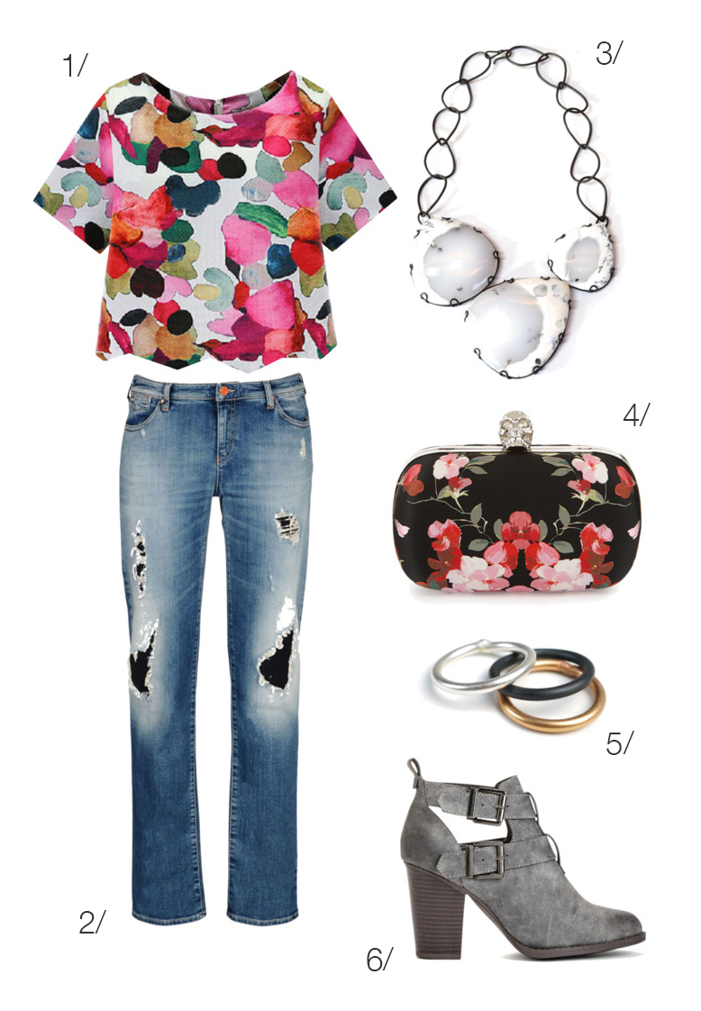 pattern mixing: bold floral top and bib statement necklace // click through for outfit details