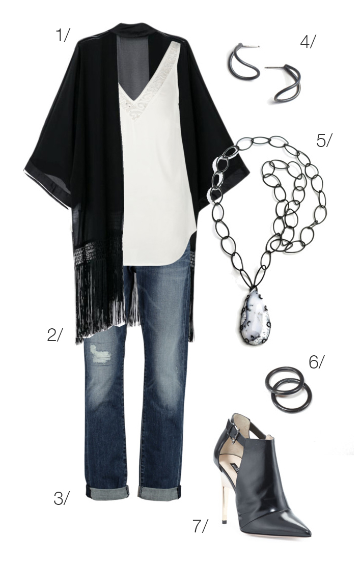 edgy style: fringe kimono, boyfriend jeans, ankle boots, and black jewelry // click through for outfit details