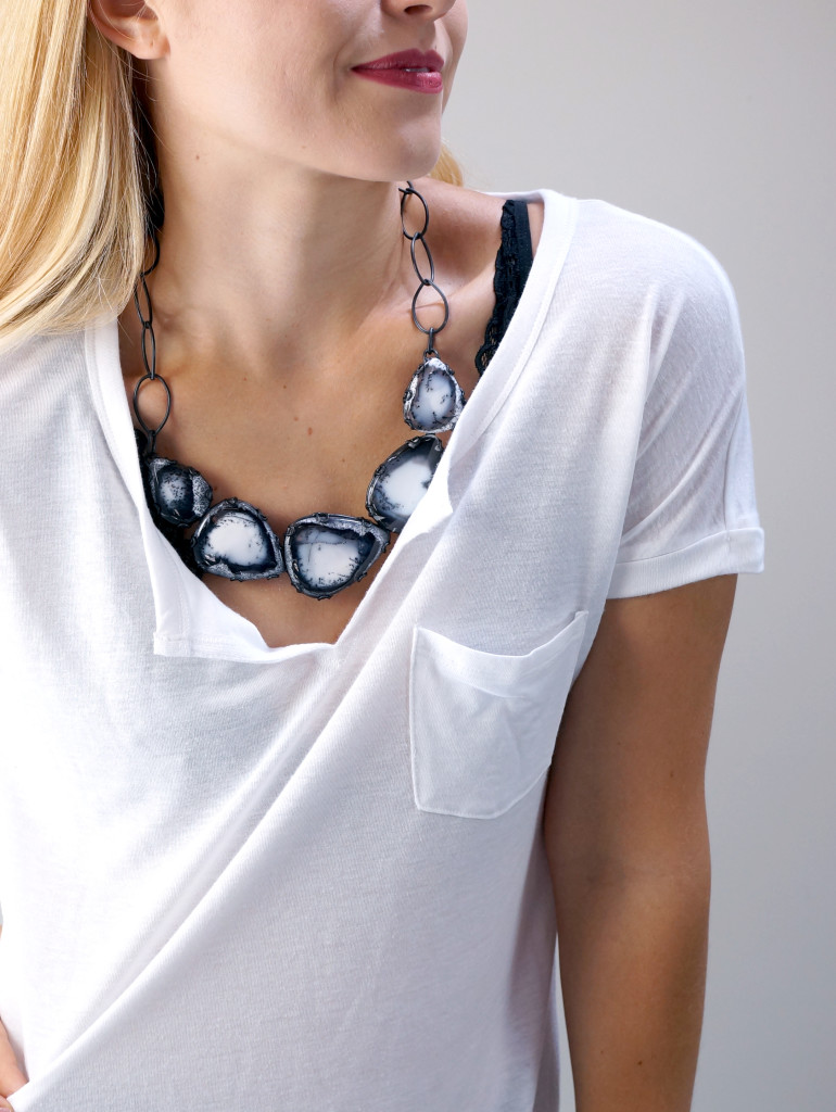 five ways to style a statement necklace: with a white t-shirt and peekaboo bra // click through for outfit details
