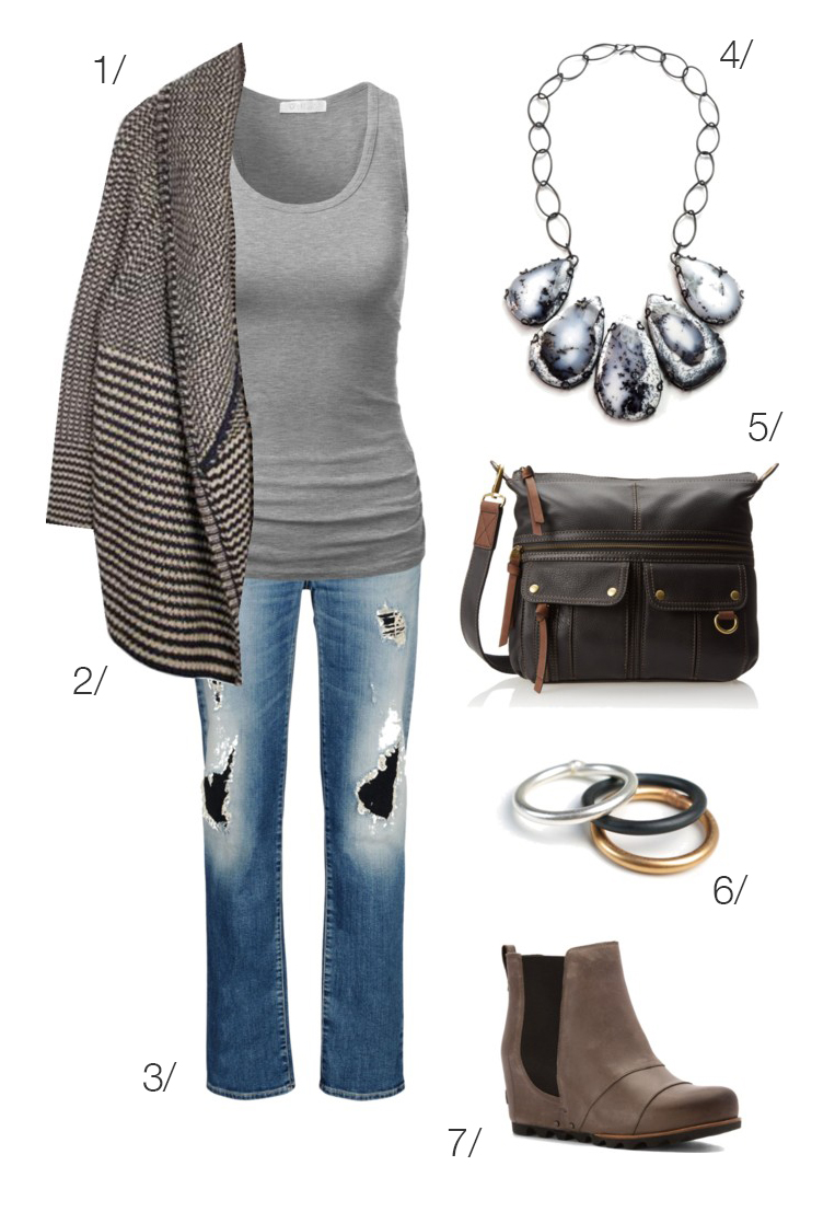 casual fall weekend outfit: chunky cardigan, jeans, ankle boots, statement necklace // click through to shop this look!