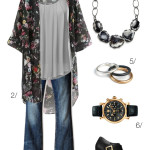 floral kimono and flared jeans