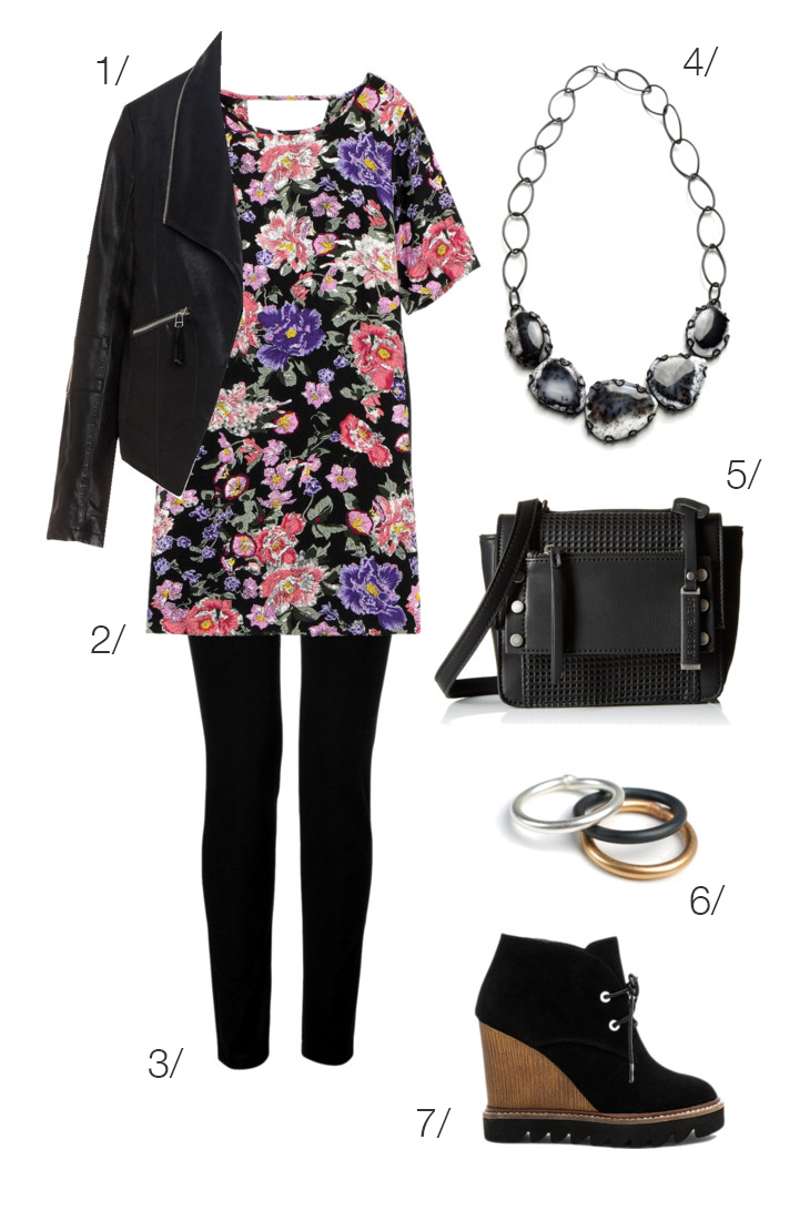 make a summer floral dress appropriate for fall with black leggings, chunky ankle boots, and a leather biker jacket // click through to shop this outfit