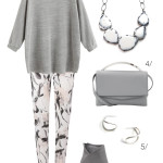 simple everyday style: grey shirt, printed pants, and a statement necklace