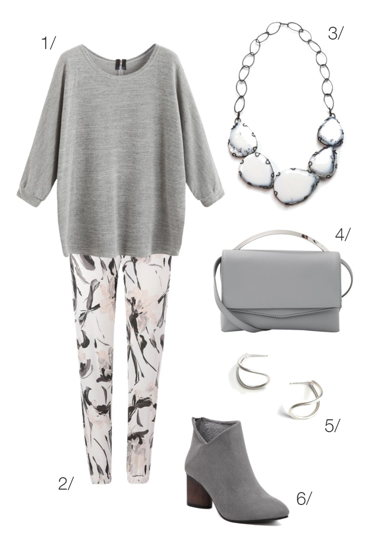 simple everyday style: grey shirt, printed pants, and a bold bib necklace // click through for outfit details